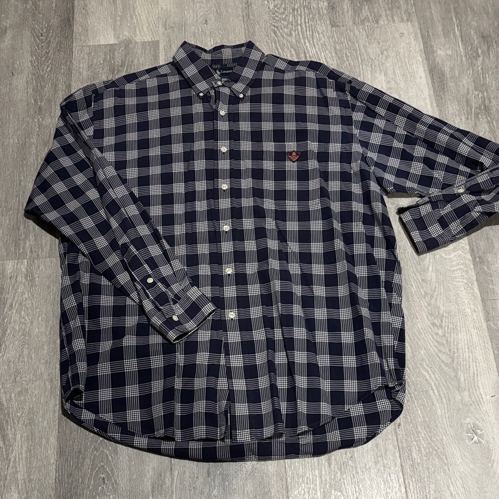 Ralph Lauren Navy and White Plaid Button-Down Shirt with Embroidered Logo
